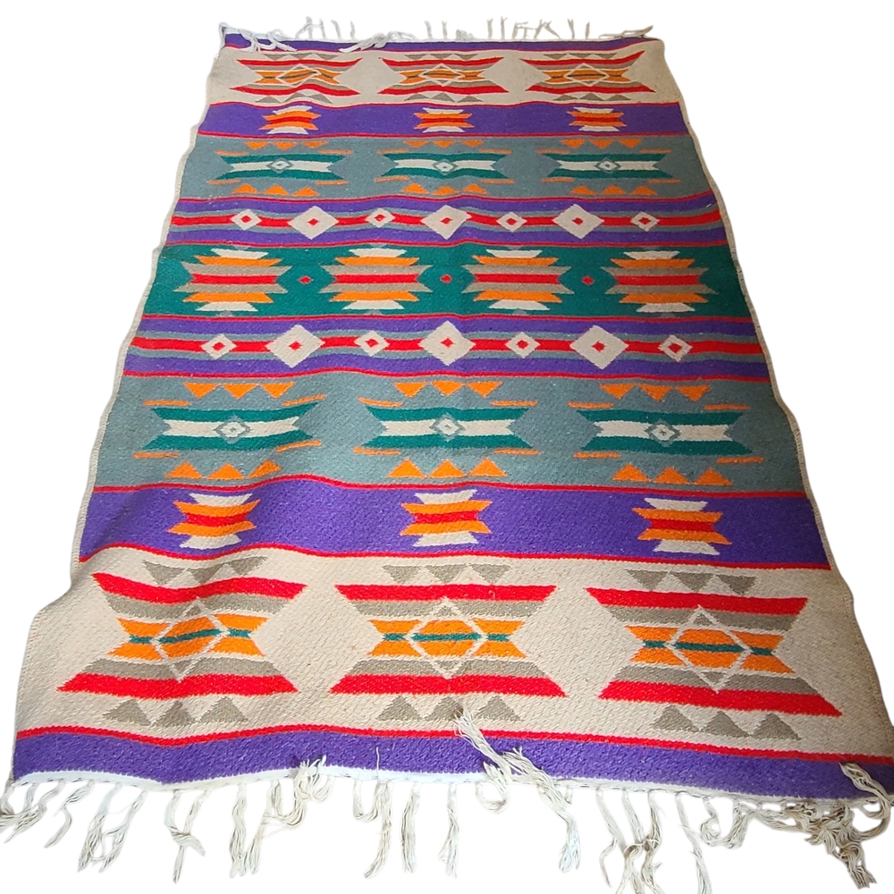 Vintage Woven Wool Geometric Area Rug Reversible Southwestern Cabincore - Picture 1 of 4